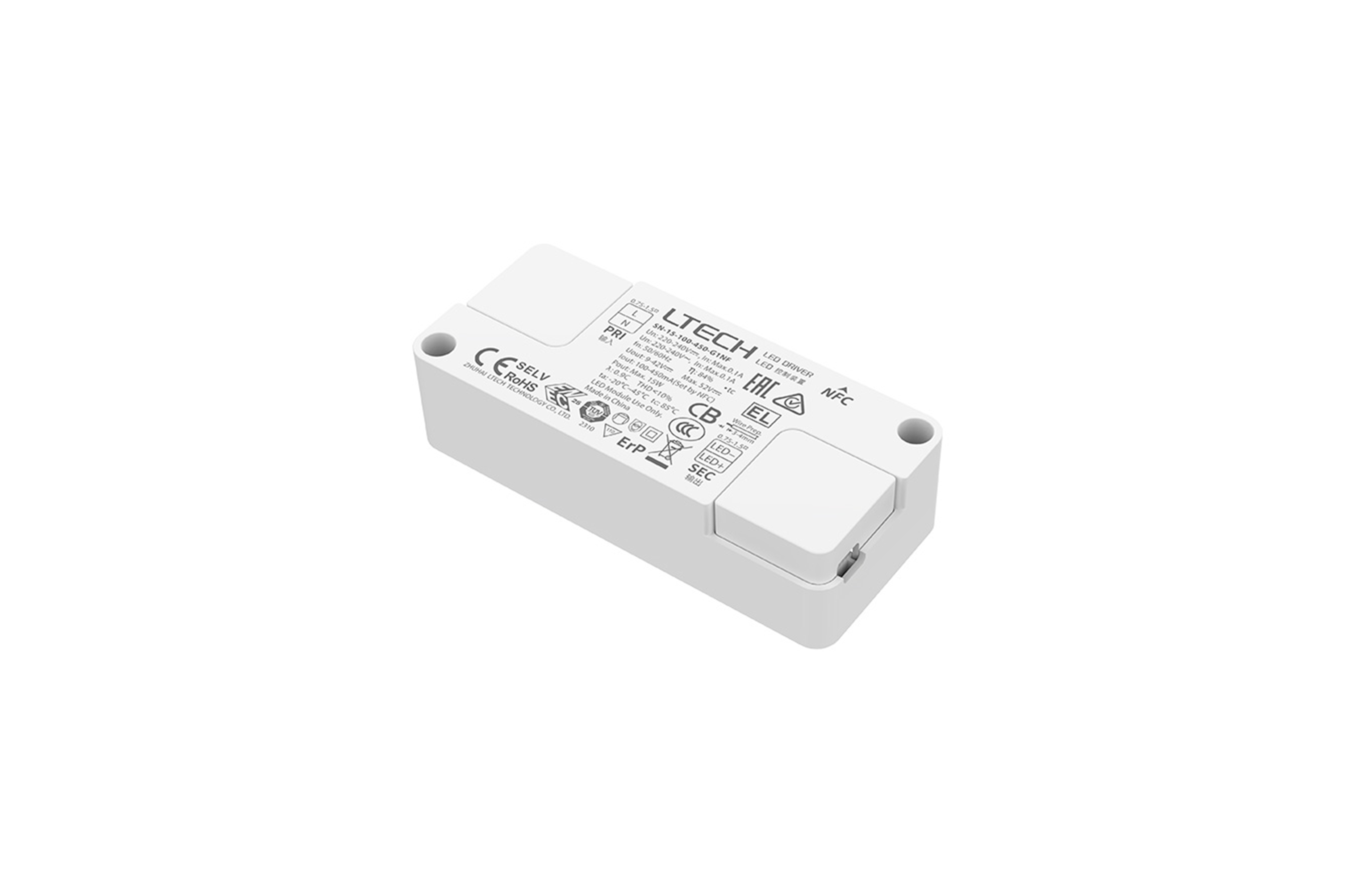 SN-15-100-450-G1NF  Intelligent Constant Current NFC ON/OFF LED Driver; 15W 100-450mA ;9-42Vdc ; 200-240Vac; Out put Range.0.9W-15W; IP20; 5yrs Warrenty.